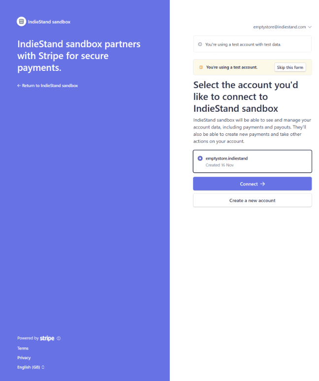 Stripe onboarding screen