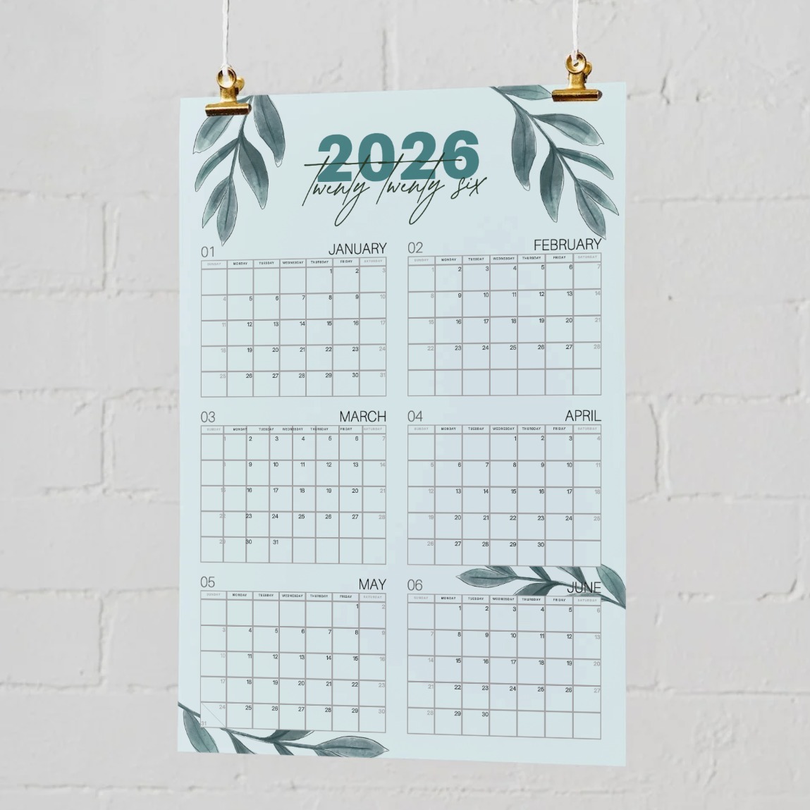 Large Printable 2026 Wall Calendar 2-sided Floral Blue