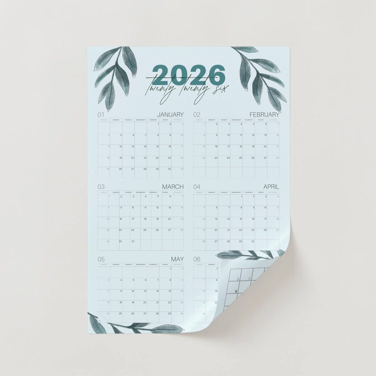 Large Printable 2026 Wall Calendar 2-sided Floral Blue - Thumbnail 2