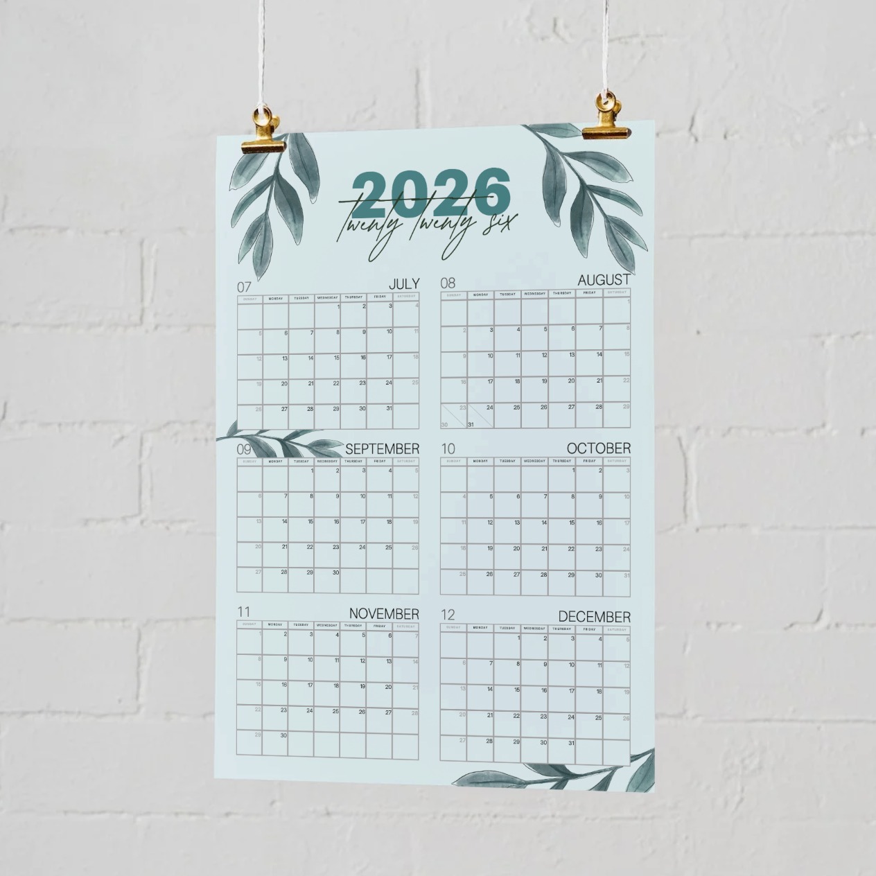 Large Printable 2026 Wall Calendar 2-sided Floral Blue - Thumbnail 3