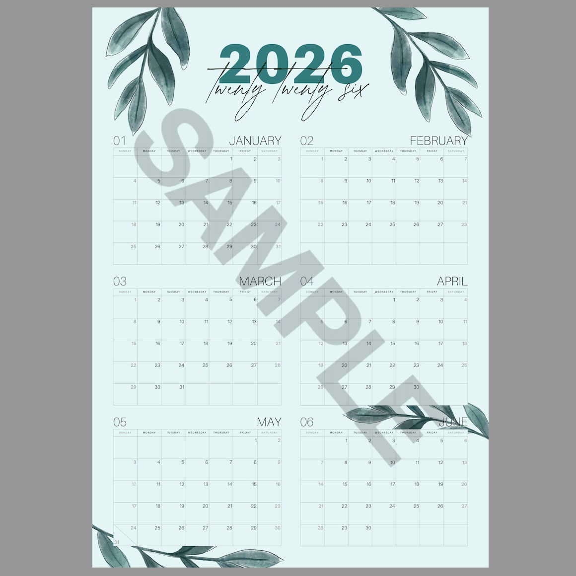 Large Printable 2026 Wall Calendar 2-sided Floral Blue - Thumbnail 4