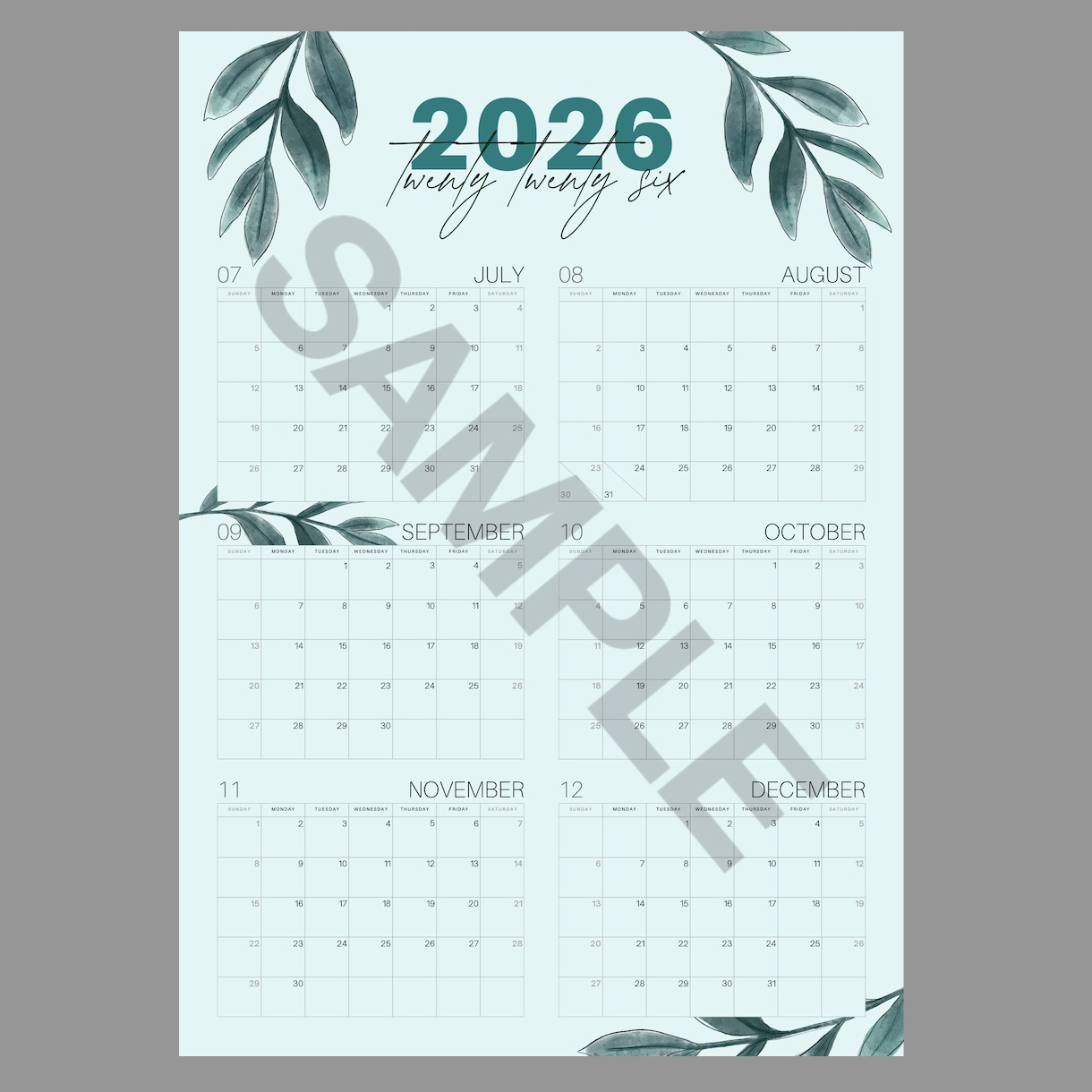 Large Printable 2026 Wall Calendar 2-sided Floral Blue - Thumbnail 5
