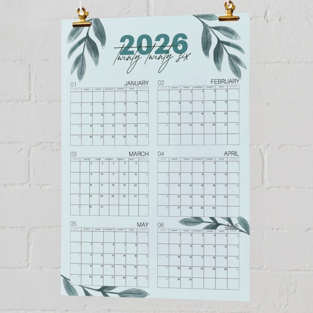 Large Printable 2026 Wall Calendar 2-sided Floral Blue - Thumbnail 6