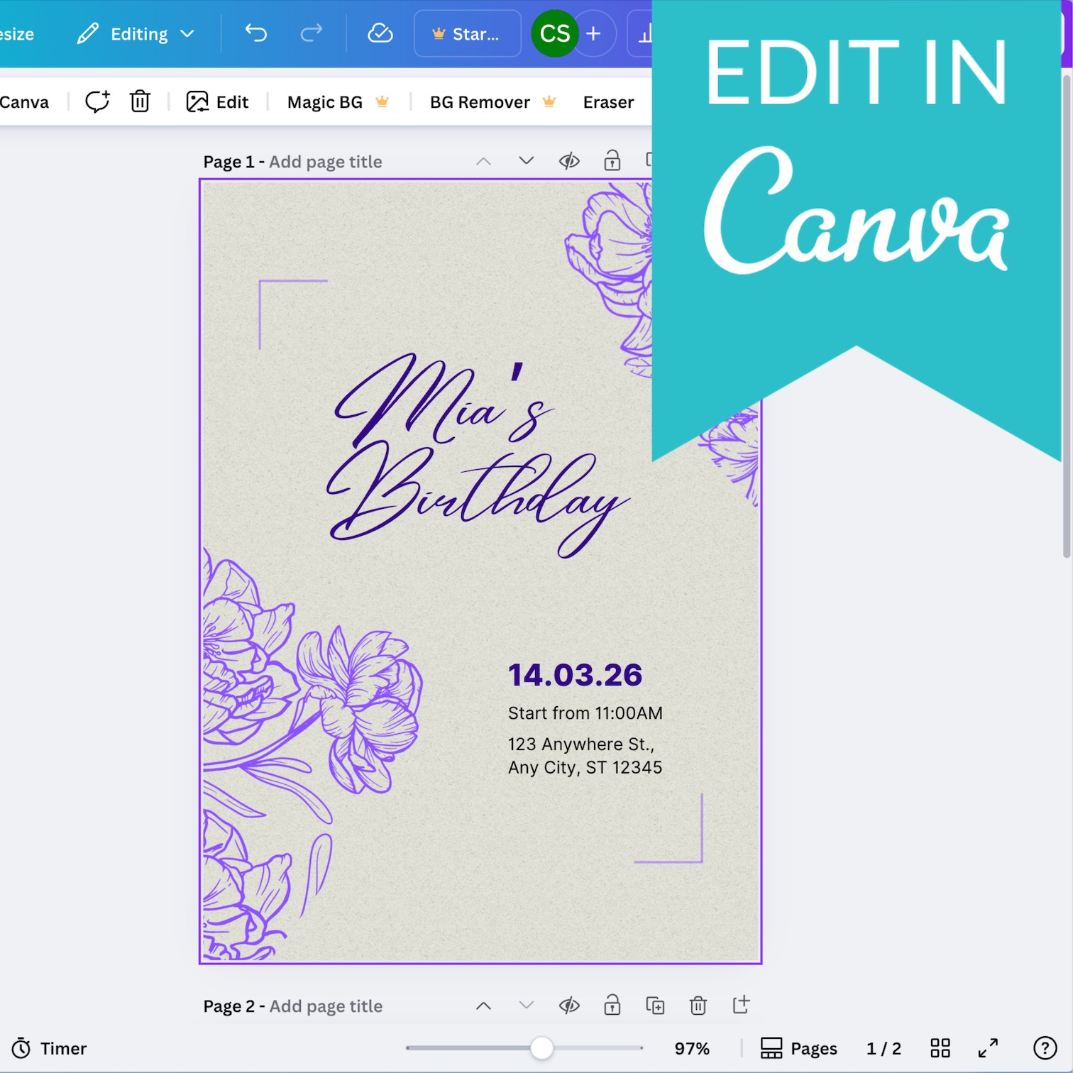 Editable Floral Event Invitation | digital template | Birthday, Wedding, Party - Thumbnail 3